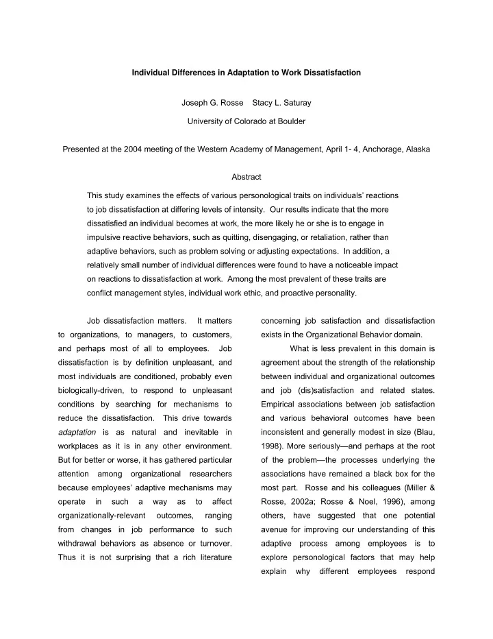 individual differences in adaptation to work