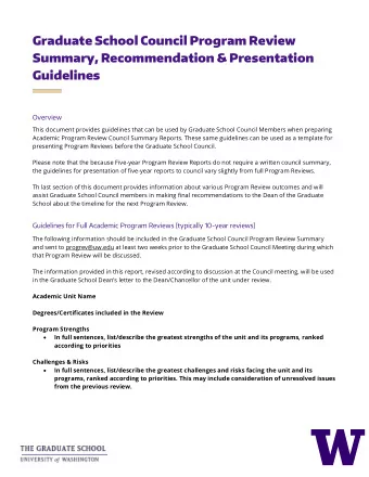 Graduate School Council Program Review  Summary, Recommendation &amp; Presentation  Guidelines
