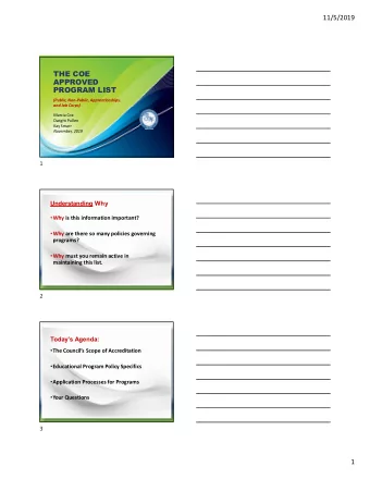 THE COE  APPROVED  PROGRAM LIST  (Public, Non-Public, Apprenticeships,  and Job Corps)  Marcia Cox