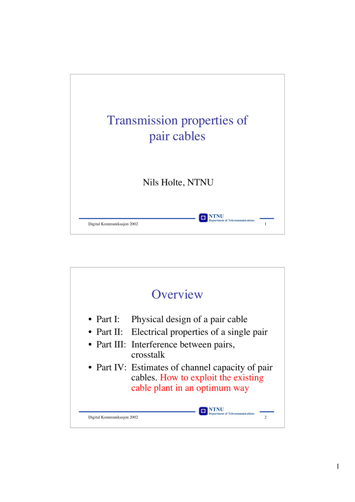 transmission properties of pair cables