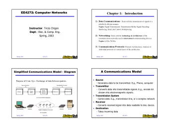 Chapter 1:   Introduction 1) Data Communications: Deals with the transmission of signals in a