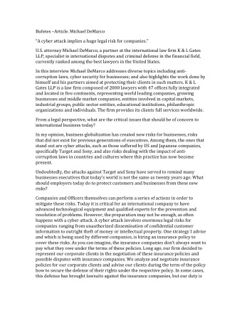 Bufetes Article. Michael DeMarco  A cyber attack implies a huge legal risk for companies.