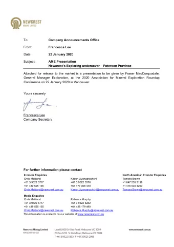 To:  Company Announcements Office  From:  Francesca Lee  Date: 22 January 2020  Subject:  AME