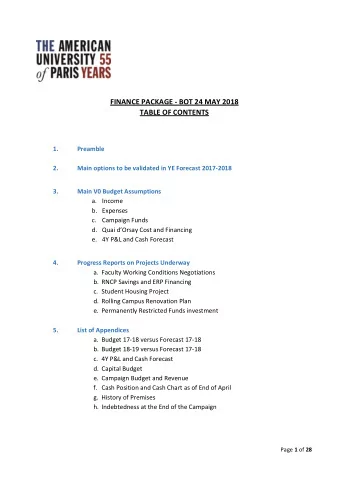 FINANCE PACKAGE - BOT 24 MAY 2018  TABLE OF CONTENTS 1.  Preamble 2.  Main options to be validated