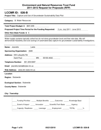 LCCMR ID: 026-B  Project Title:  Capture and Use of Groundwater Sustainability Data Pilot