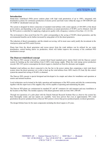 VESTESEN A/S  PRESENTATION wind/diesel desalination  Introduction  Stand-alone wind/diesel (WD)
