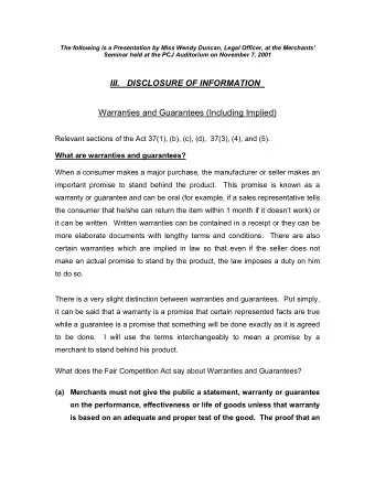 III.   DISCLOSURE OF INFORMATION  Warranties and Guarantees (Including Implied)  Relevant sections