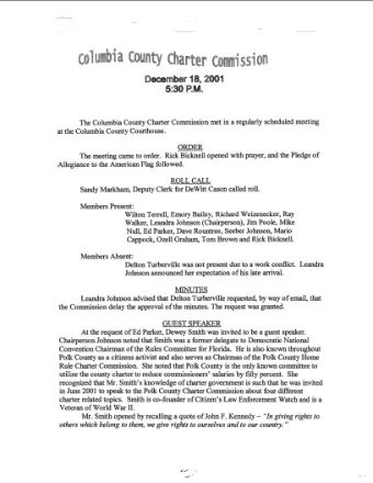- Columbia county Charter commission D ecember 18, 2001 5: 30 P.M .  The Columbia County Charter