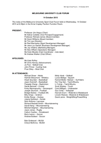 MELBOURNE UNIVERSITY CLUB FORUM 14 October 2015  The notes of the Melbourne University Sport Club