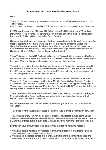 Presentation to Trafford Health &amp; Well-being Board  Chair,  Thank you for this opportunity to