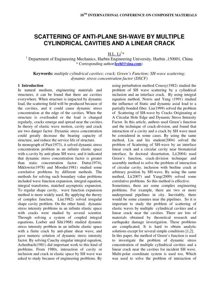 scattering of anti plane sh wave by multiple cylindrical