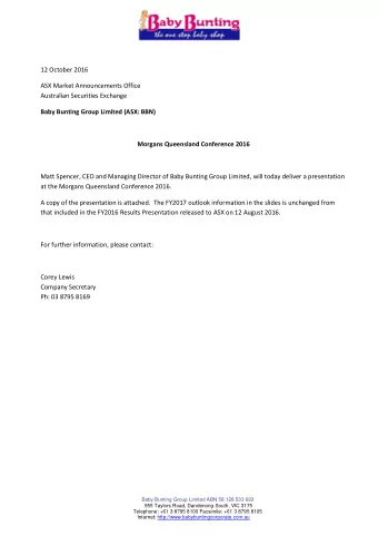 12 October 2016  ASX Market Announcements Office  Australian Securities Exchange  Baby Bunting