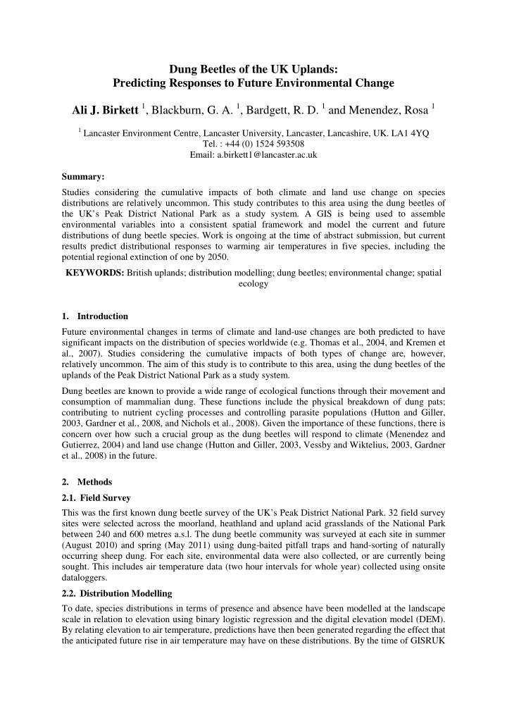 dung beetles of the uk uplands predicting responses to