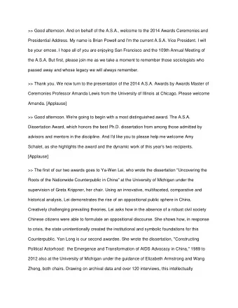 &gt;&gt; Good afternoon. And on behalf of the A.S.A., welcome to the 2014 Awards Ceremonies and