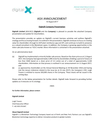 S  hareholder Update  |   August 2017  Important Disclaimer  This Document and the information