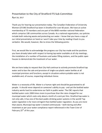 Presentation to the City of Stratford ITS Sub-Committee A pril 26, 2017  Thank you for hearing our