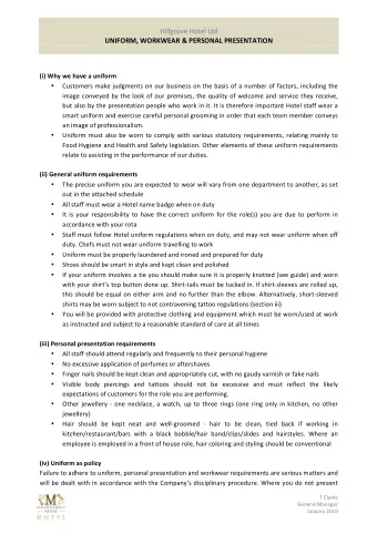 Hillgrove Hotel Ltd  UNIFORM, WORKWEAR &amp; PERSONAL PRESENTATION  (i) Why we have a uniform