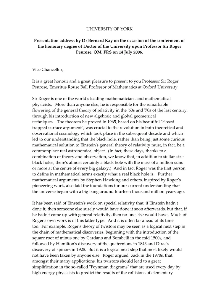 university of york presentation address by dr bernard kay