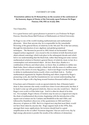 UNIVERSITY OF YORK  Presentation address by Dr Bernard Kay on the occasion of the conferment of