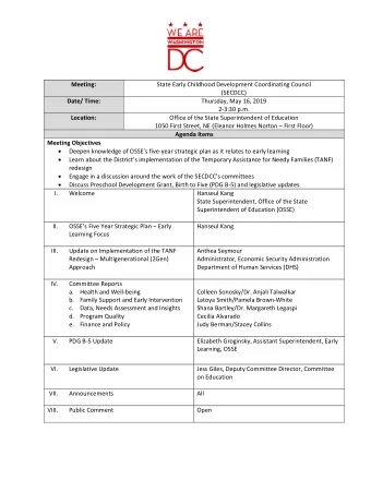 Meeting:  State Early Childhood Development Coordinating Council  (SECDCC)  Date/ Time:  Thursday,