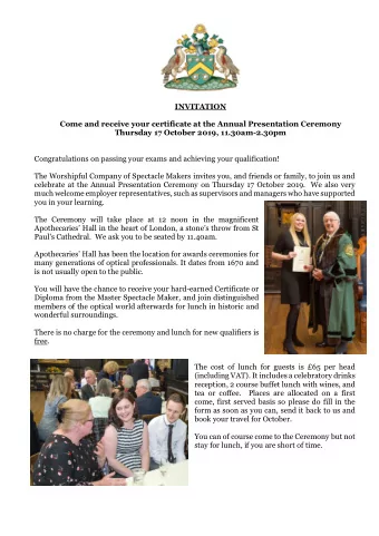 INVITATION  Come and receive your certificate at the Annual Presentation Ceremony Thursday 17