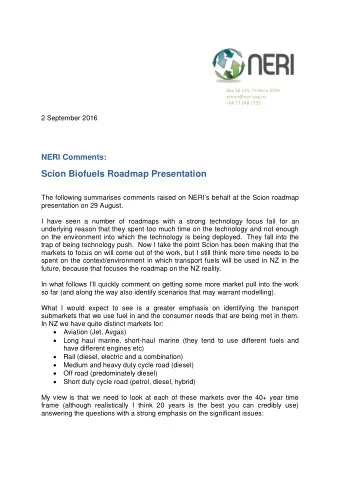 Scion Biofuels Roadmap Presentation The following summarises comments raised on NERI  s behalf
