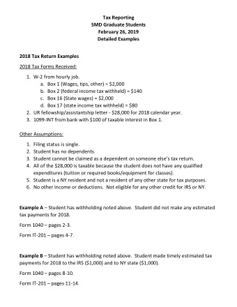 Tax Reporting  SMD Graduate Students  February 26, 2019  Detailed Examples  2018 Tax Return