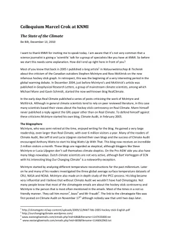 Colloquium Marcel Crok at KNMI  The State of the Climate  De Bilt, December 13, 2010  I want to