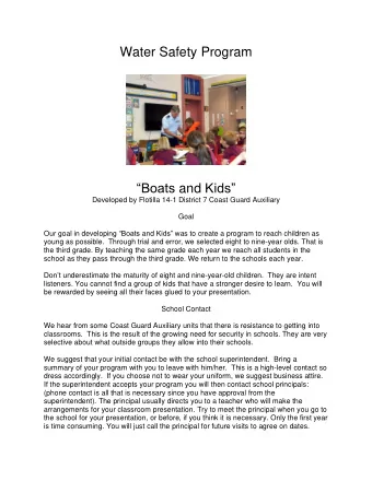 Water Safety Program Boats and Kids  Developed by Flotilla 14-1 District 7 Coast Guard