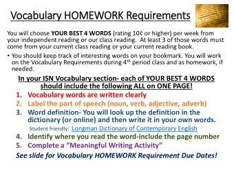 Vocabulary HOMEWORK Requirements You will choose YOUR BEST 4 WORDS (rating 10 or higher) per week