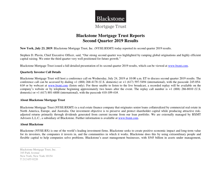 blackstone mortgage trust reports second quarter 2019