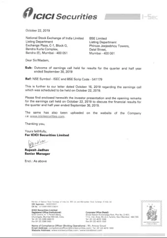 ~  fl  1c1c1  Securities  October 22, 2019 National Stock Exchange of India Limited BSE Limited