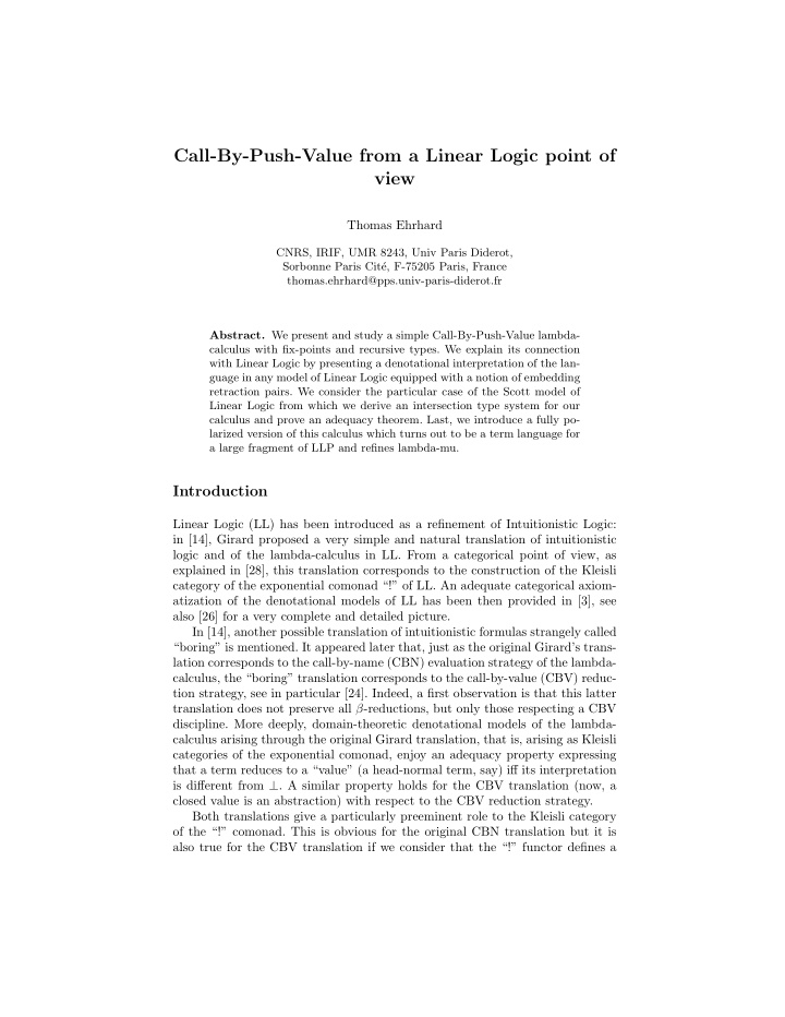 call by push value from a linear logic point of view