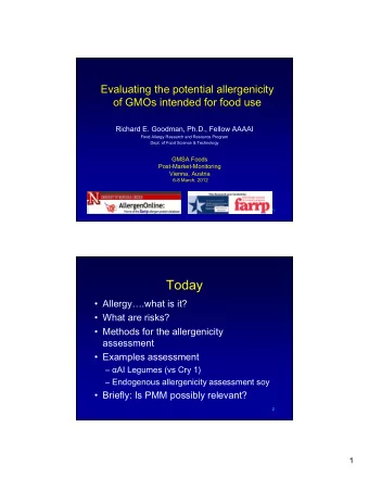 Today   Allergy.what is it?   What are risks?   Methods for the allergenicity