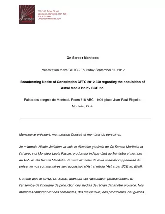 On Screen Manitoba Presentation to the CRTC  Thursday September 13, 2012  Broadcasting Notice of