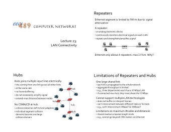 Repeaters Ethernet segment is limited to 500 m due to  signal  attenuation Computer Networks  A