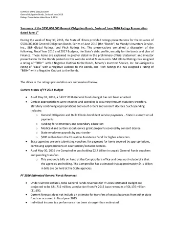 Summary of the $550,000,000 General Obligation Bonds, Series of June 2016 Ratings Presentation