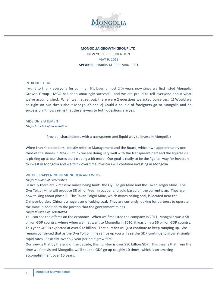 mongolia growth group ltd new york presentation may 9 2013