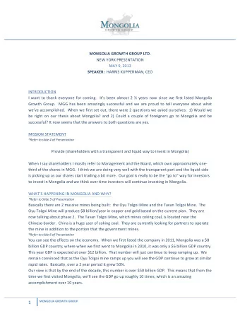 MONGOLIA  GROWTH  GROUP  LTD .    NEW  YORK  PRESENTATION    MAY  9,