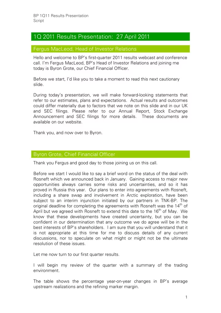 1q 2011 results presentation 27 april 2011