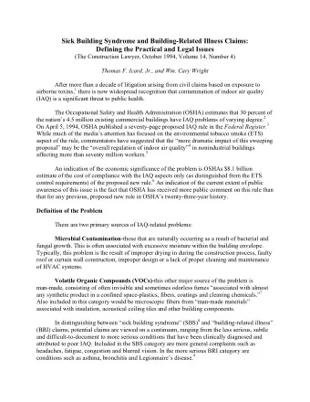 Sick Building Syndrome and Building-Related Illness Claims:  Defining the Practical and Legal