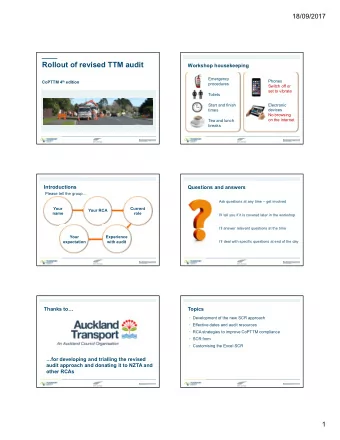 Rollout of revised TTM audit  Workshop housekeeping  Emergency CoPTTM 4 th edition  Phones