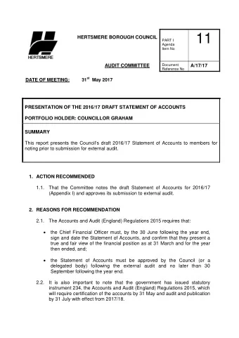 11 HERTSMERE BOROUGH COUNCIL PART I  Agenda  Item No  Document AUDIT COMMITTEE  A/17/17  Reference