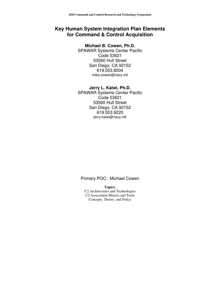 key human system integration plan elements for command