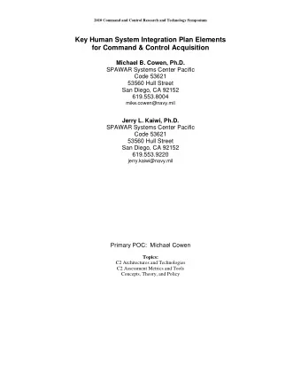 Key Human System Integration Plan Elements  for Command &amp; Control Acquisition  Michael B.