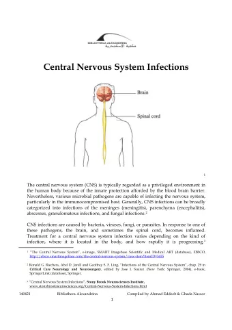 Central Nervous System Infections 1  The central nervous system (CNS) is typically regarded as a