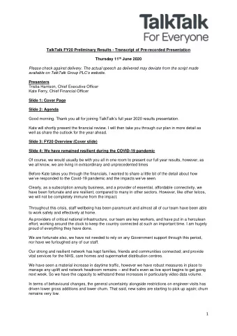 TalkTalk FY20 Preliminary Results - Transcript of Pre-recorded Presentation Thursday 11 th June