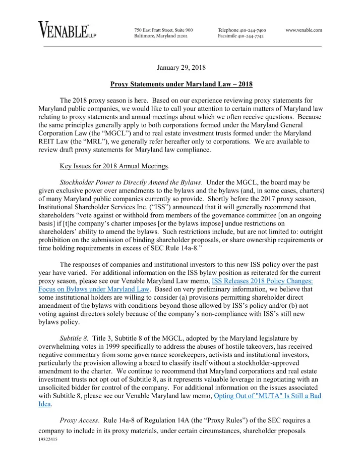 january 29 2018 proxy statements under maryland law 2018
