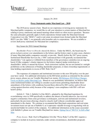 January 29, 2018  Proxy Statements under Maryland Law  2018  The 2018 proxy season is here.