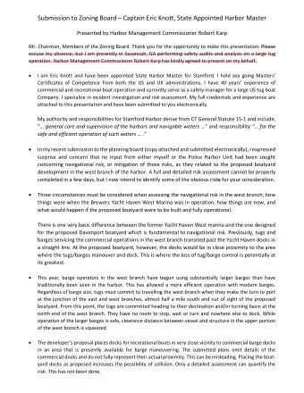 Submission to Zoning Board  Captain Eric Knott, State Appointed Harbor Master  Presented by